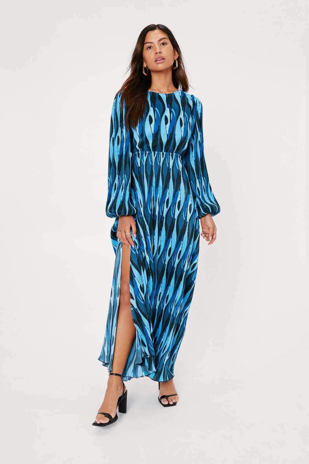 Robe longue plissée à fente & imprimé abstrait, Blue image number 1