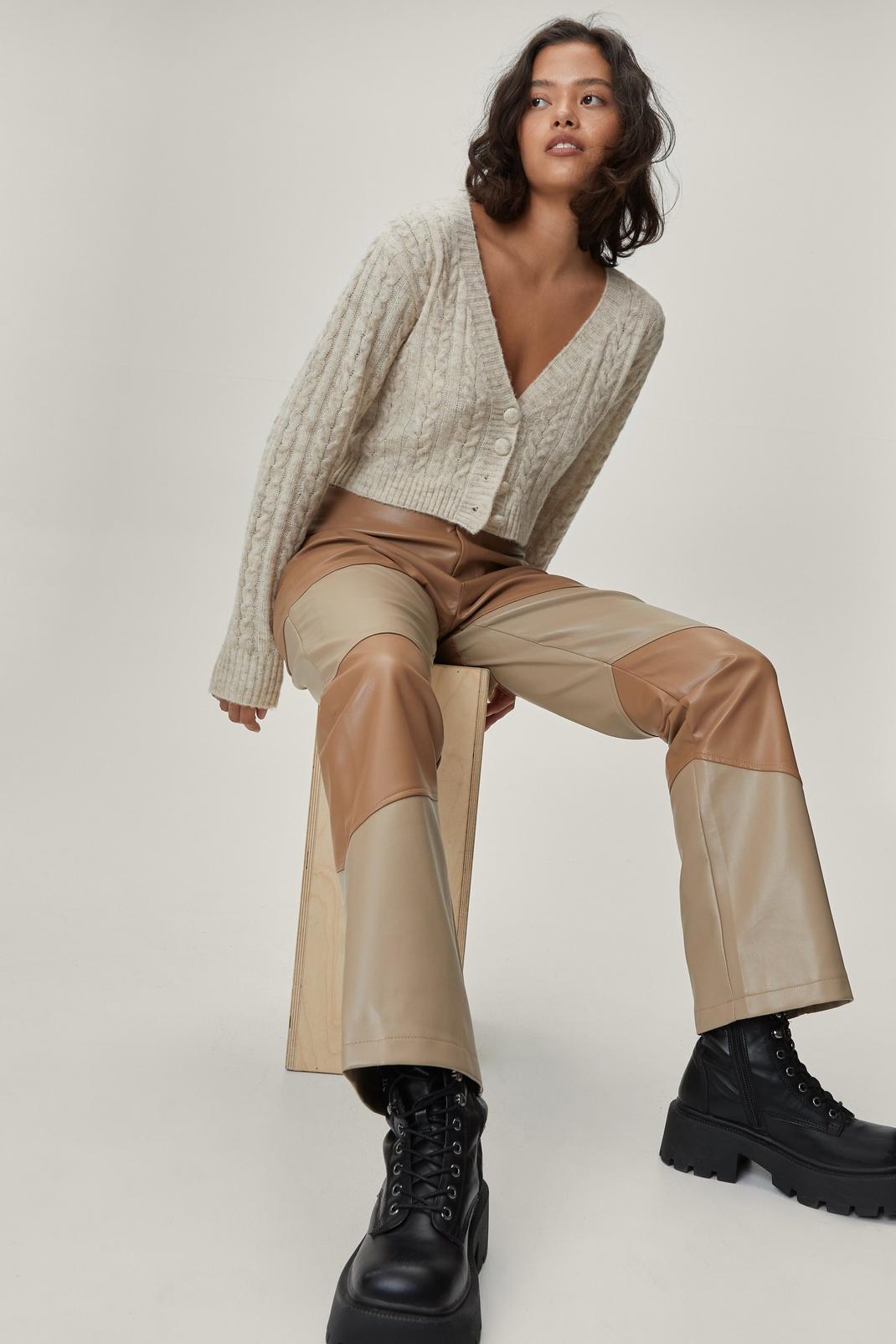 Tan Petite Faux Leather Colorblock Flares image number 1