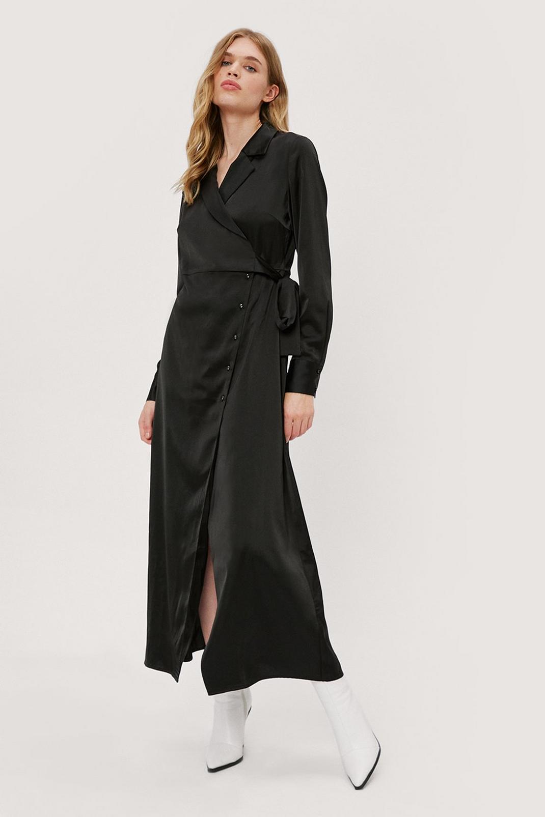 Black Satin Wrap Design Maxi Shirt Dress image number 1