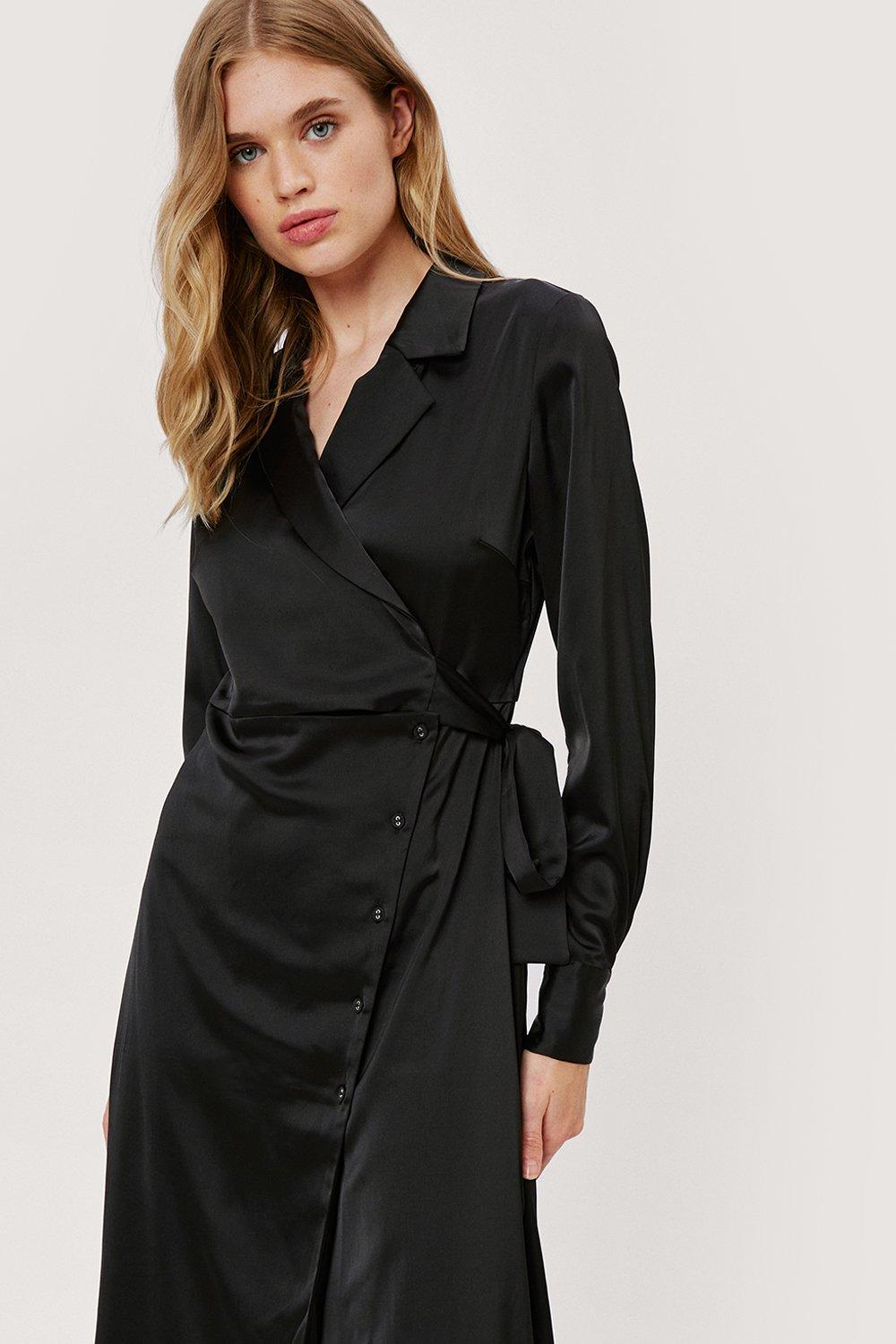 satin wrap shirt dress