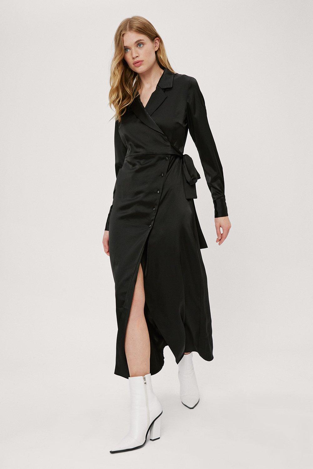 Satin Wrap Design Maxi Shirt Dress 