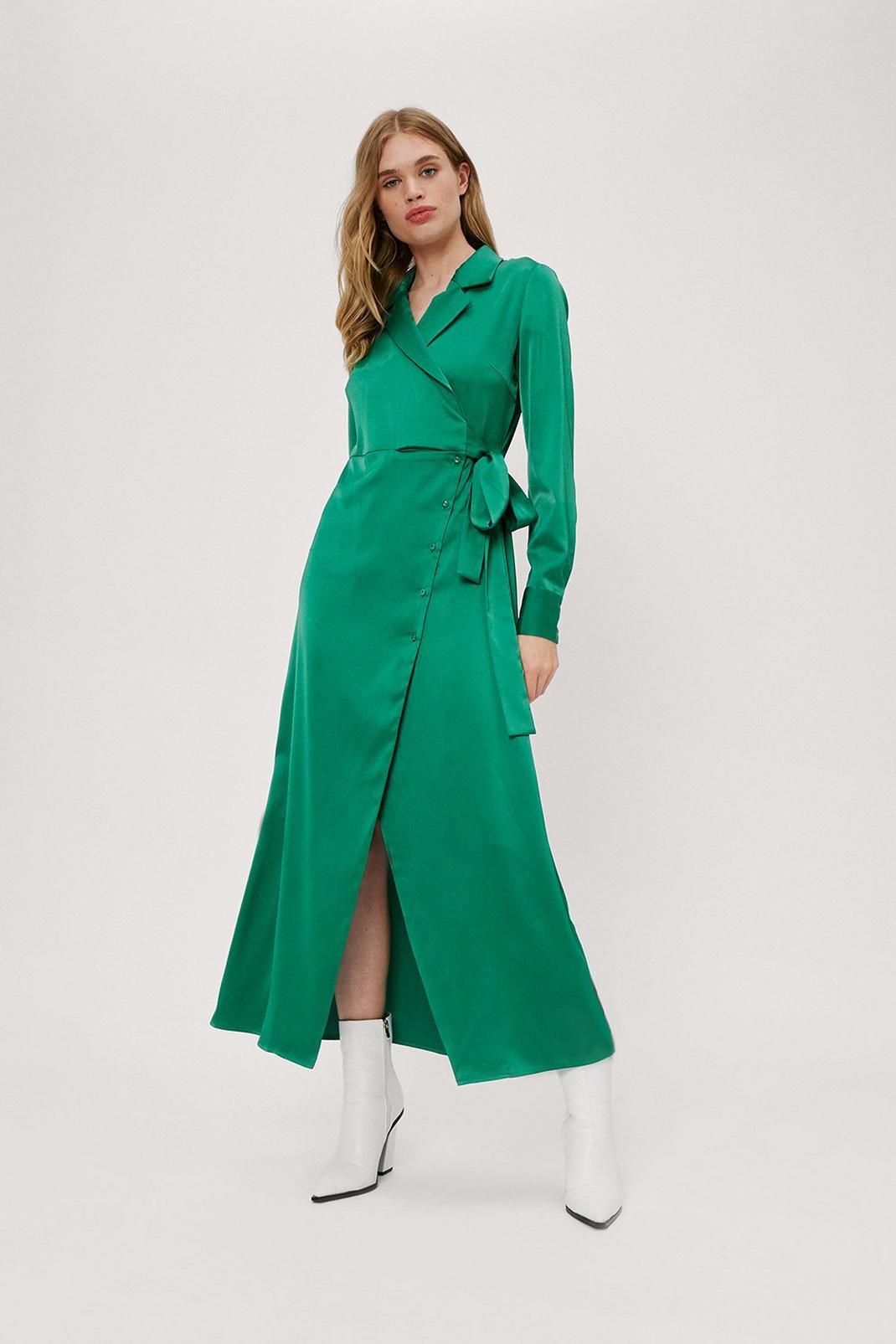 Green Satin Wrap Design Maxi Shirt Dress image number 1