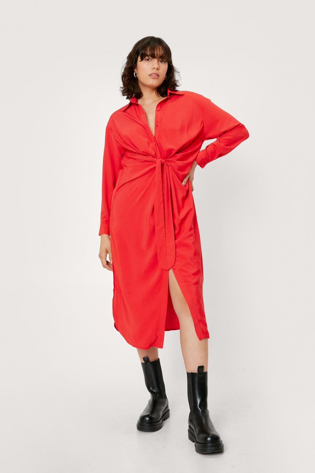 Red Tie Front Midaxi Shirt Dress image number 1