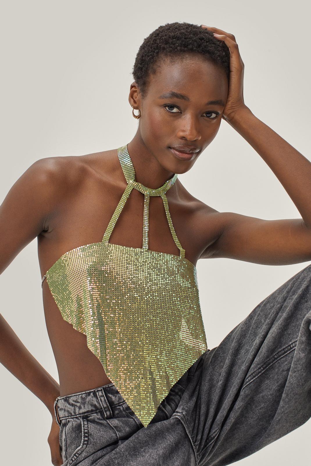 Lime Chainmail Strappy Halter Cami Top image number 1