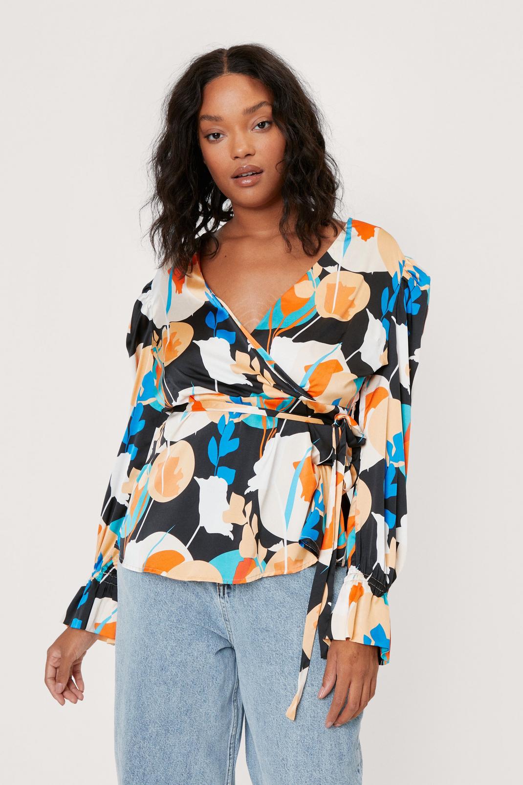 105 Plus Size Oversized Wrap Front Floral Top image number 1