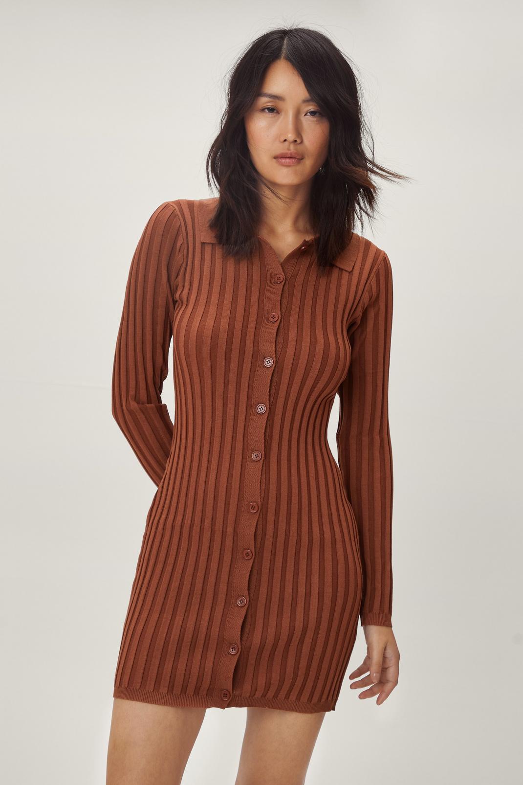 Chocolate Collar Button Down Ribbed Knitted Dress image number 1