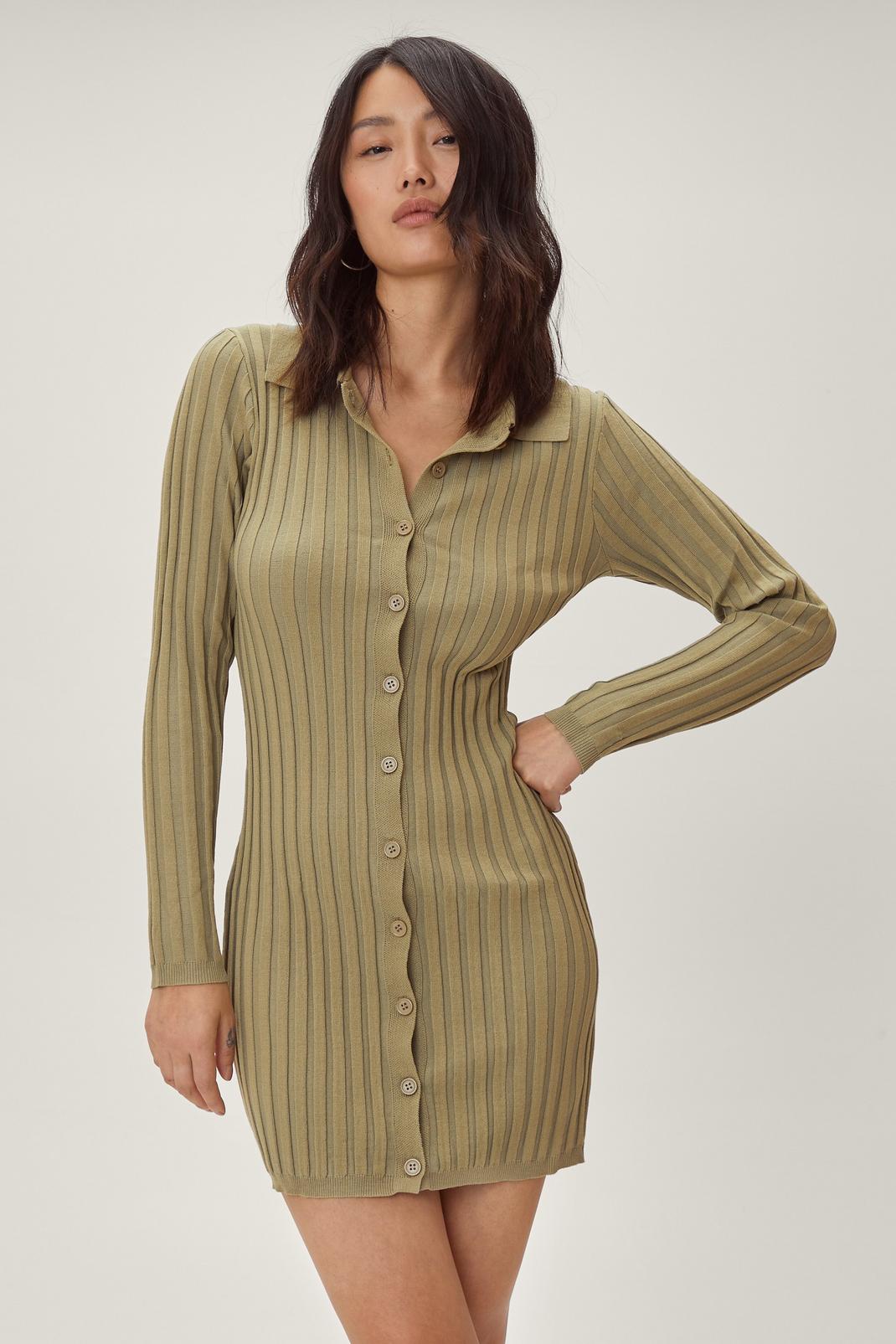 Khaki Collar Button Down Ribbed Knitted Dress image number 1