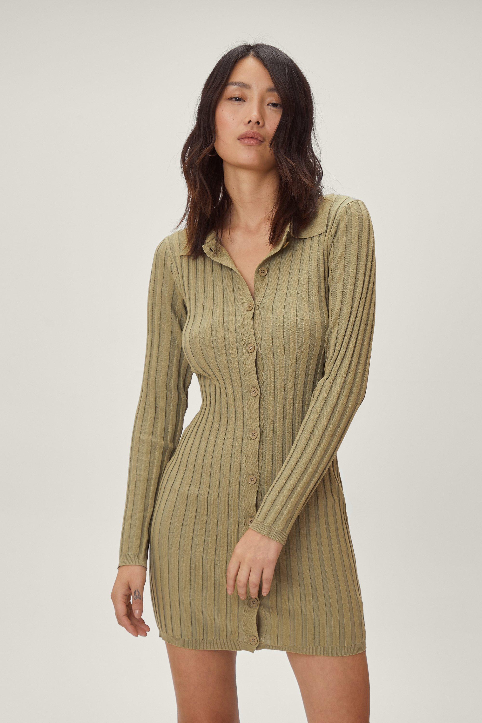 Collar Button Down Ribbed Knitted Dress