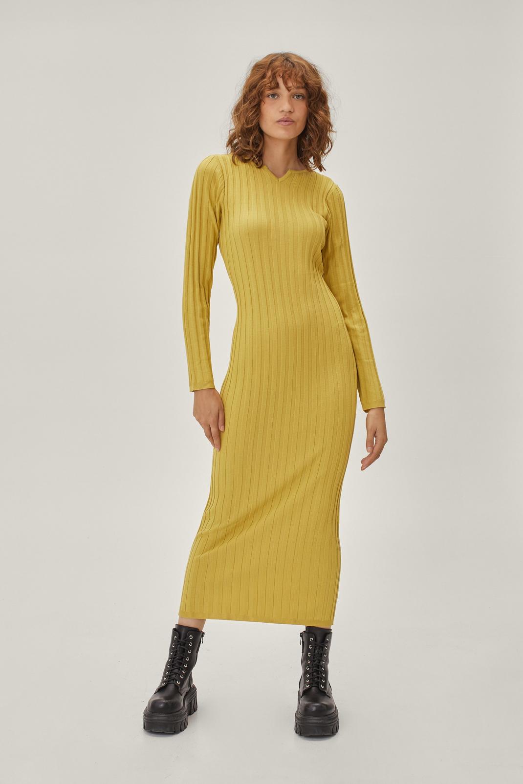 Chartreuse Notch Neck Ribbed Knitted Midi Dress image number 1