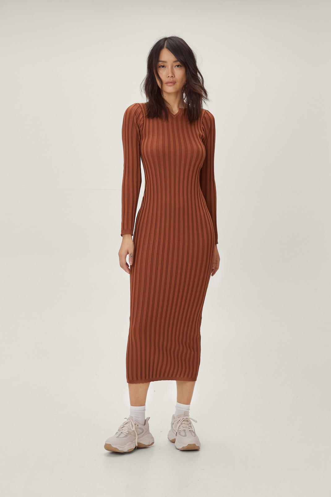 Chocolate Notch Neck Ribbed Knitted Midi Dress image number 1