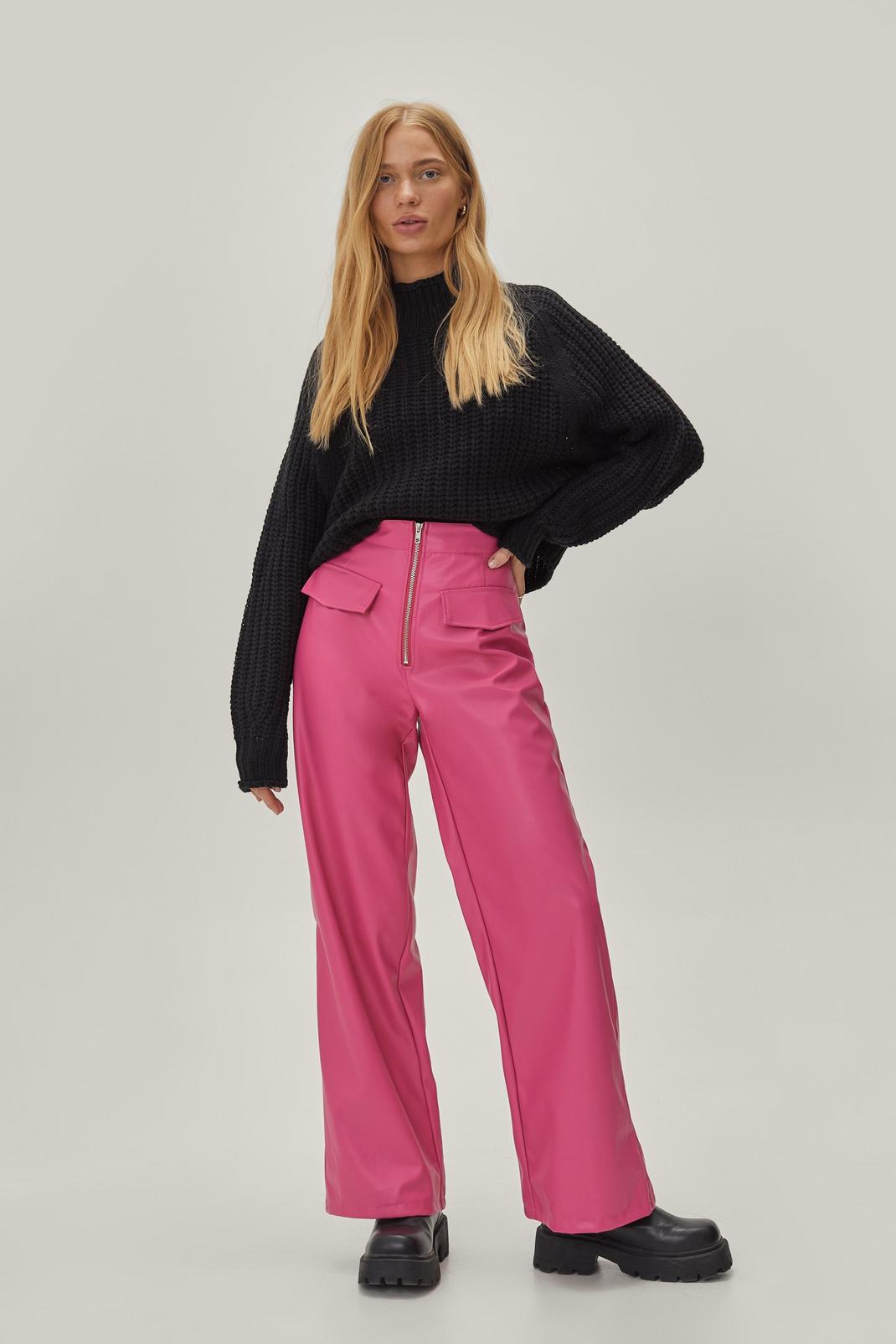 Hot pink Petite Faux Leather Pocket Detail Wide Leg Trousers image number 1