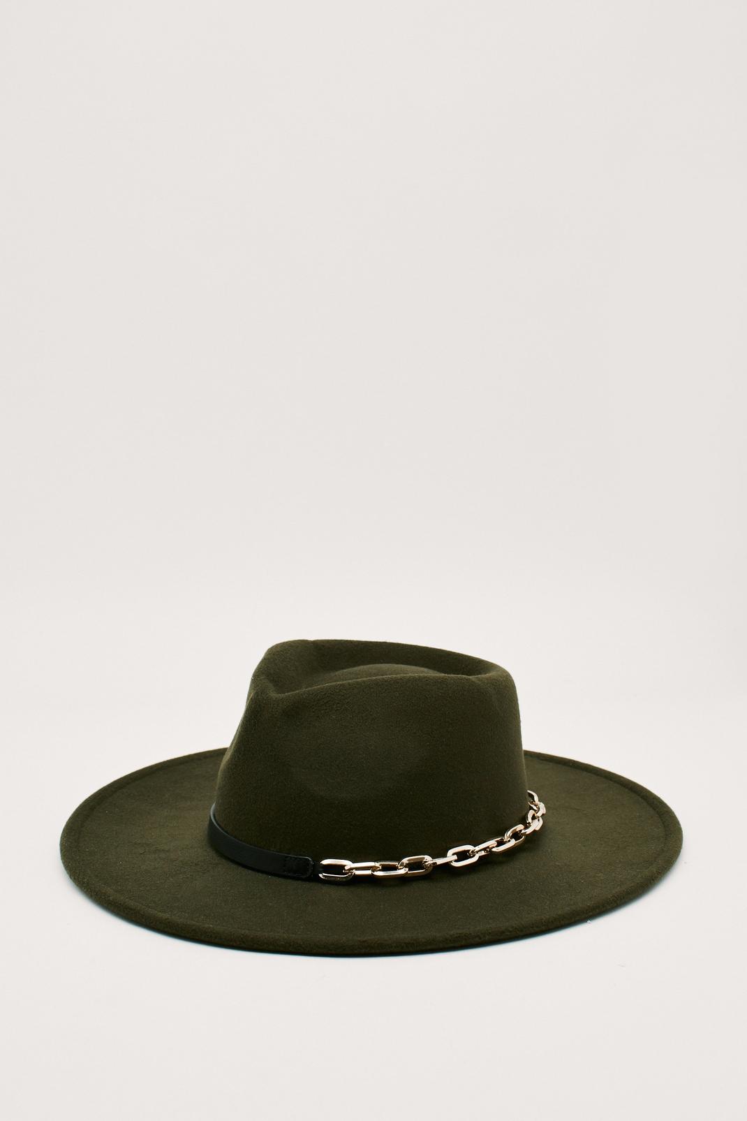 Dark green Chain Detail Wide Brim Fedora Hat image number 1