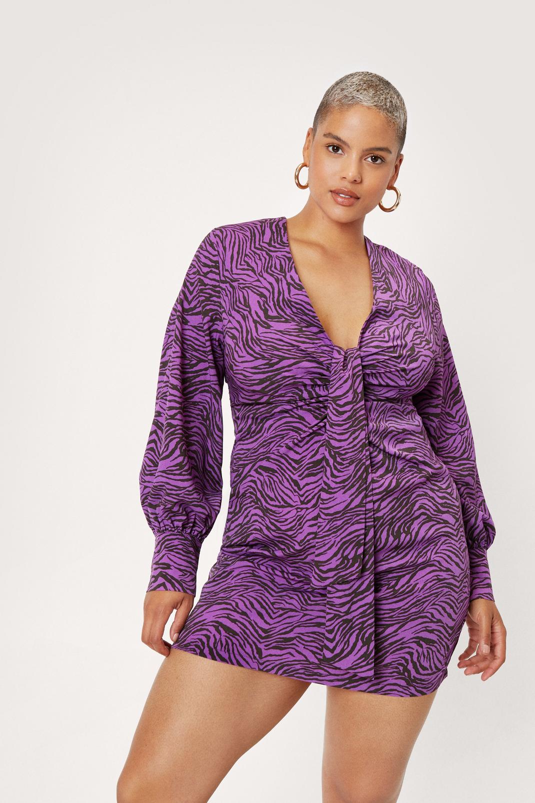 Purple Plus Size Zebra Print Plunge Mini Dress image number 1