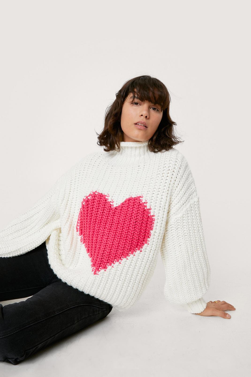 Oatmeal Heart Pattern Super Chunky Knit Jumper image number 1