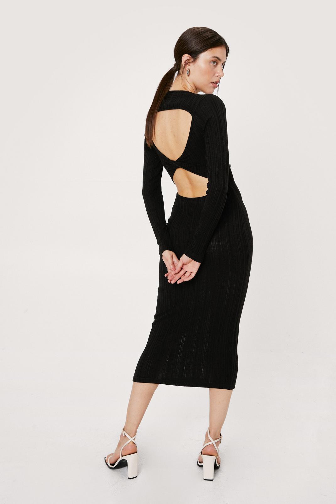 Black Knitted Ribbed Twist Open Back Midi Dress image number 1