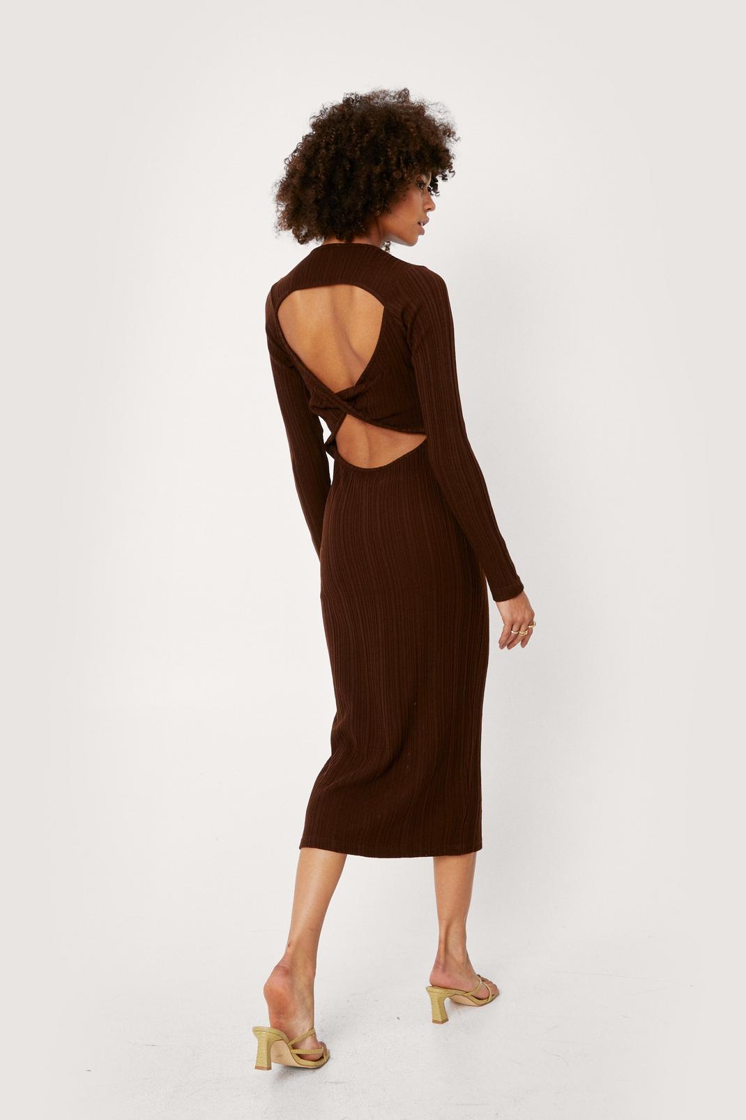 Chocolate Knitted Ribbed Twist Open Back Midi Dress image number 1