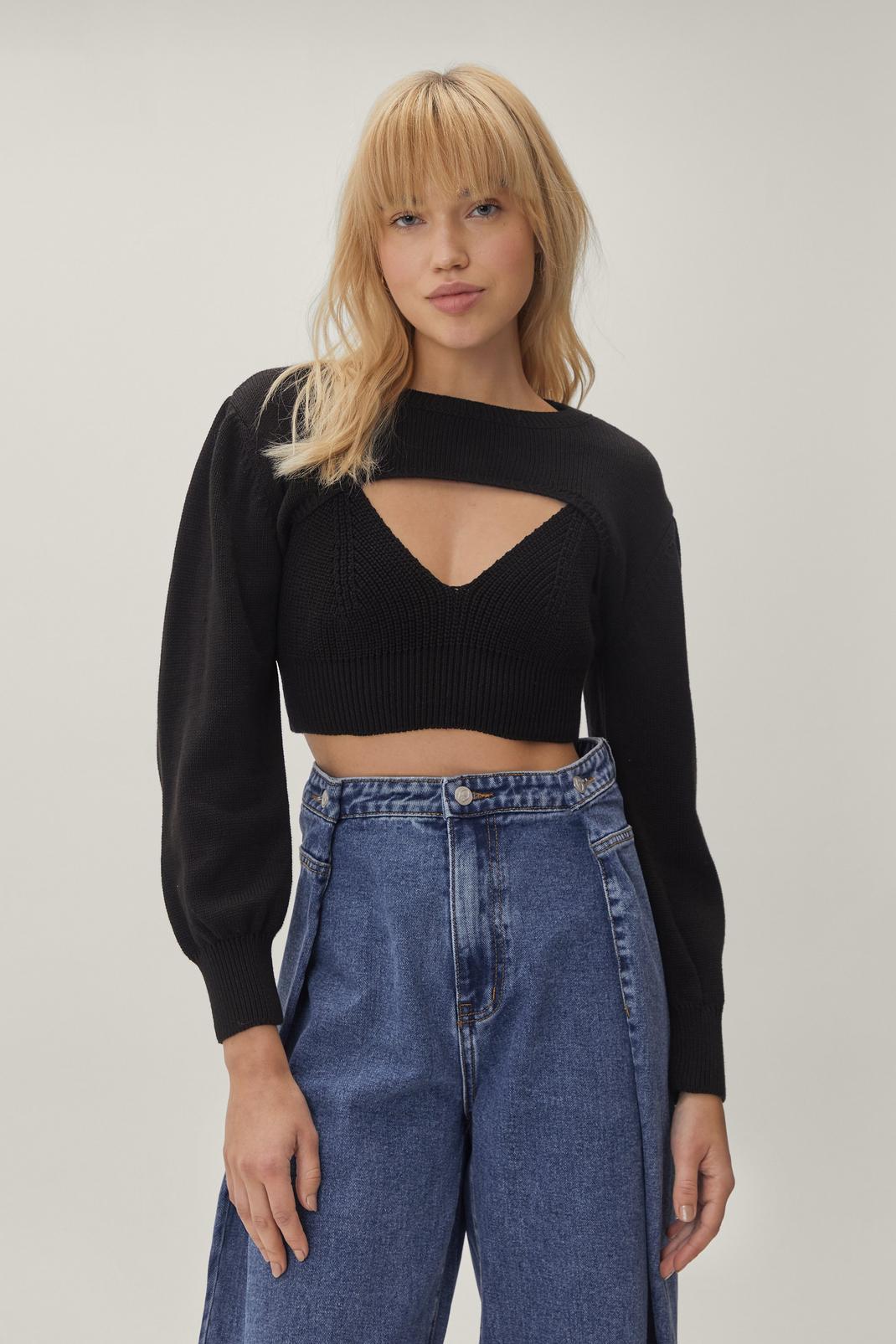 Black 2 In 1 Bralet And Cropped Sweater Set image number 1