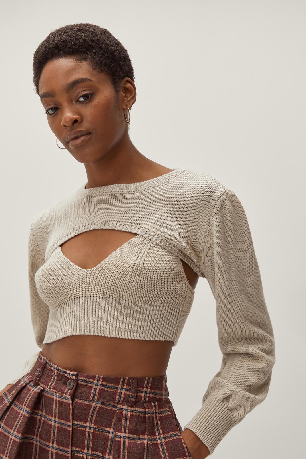 Ivory Longline Bralette and Super Cropped Sweater Set image number 1