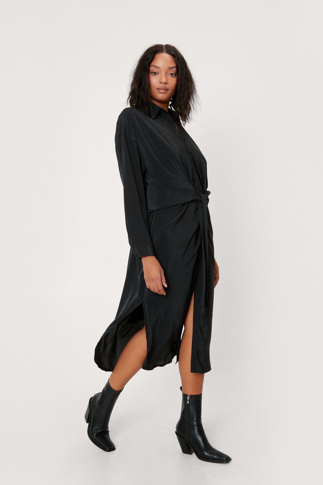Black Plus Size Tie Front Midi Shirt Dress image number 1