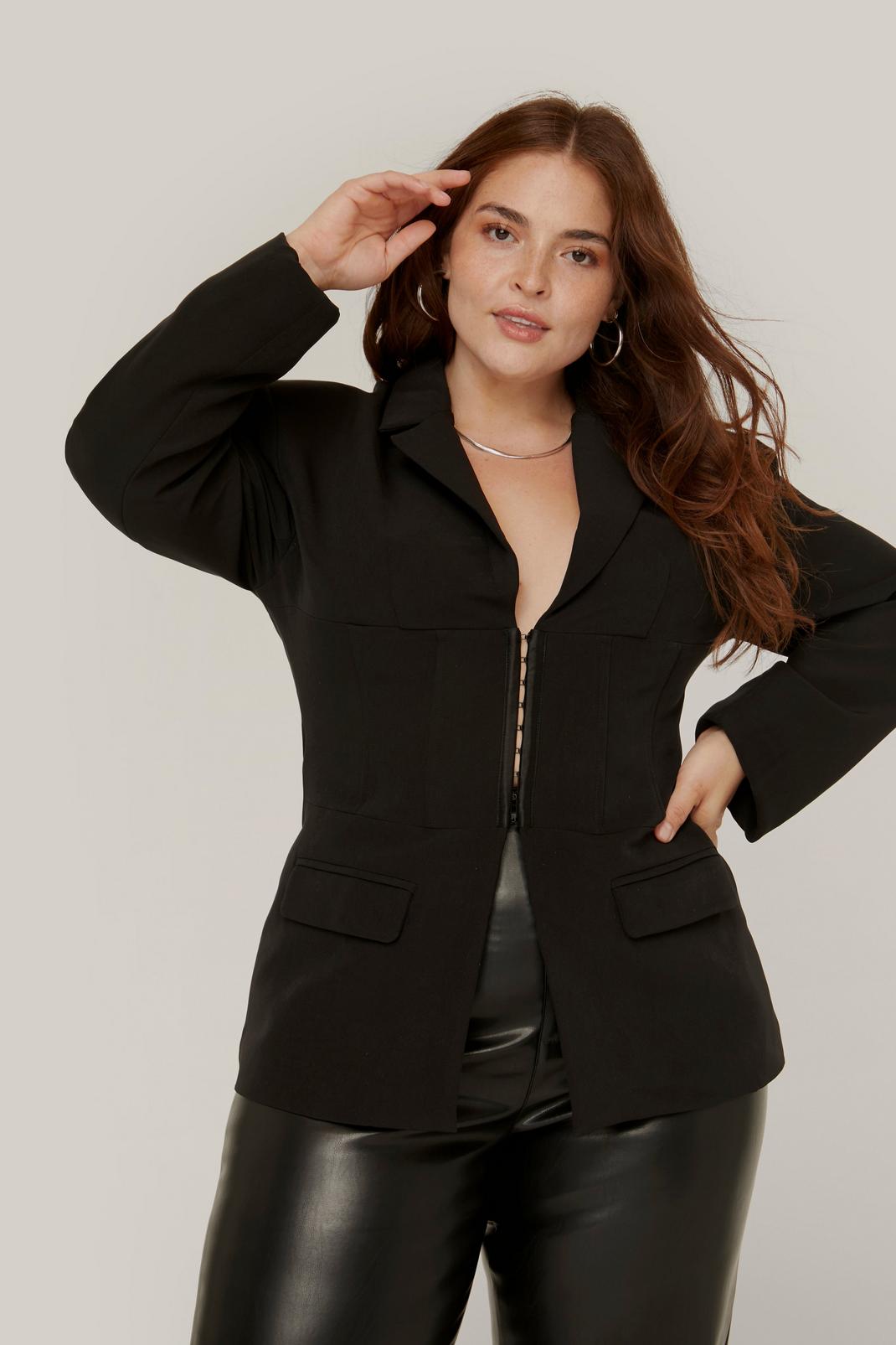 Black Plus Size Cinched Corset Waisted Blazer image number 1