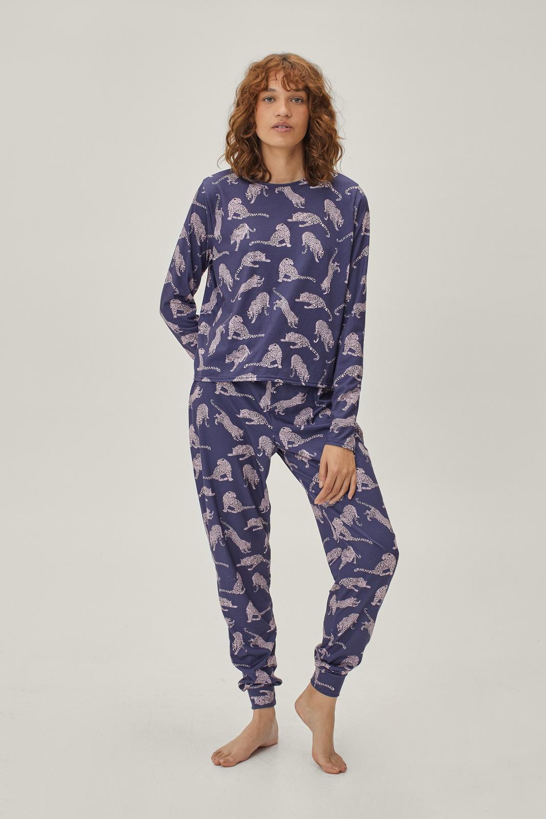 Navy Jersey Leopard Long Sleeve Pajama Sweatpants Set image number 1