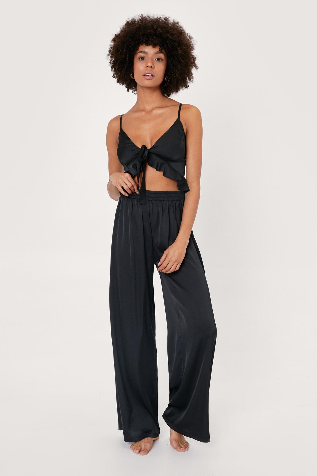 Black Satin Ruffle Cropped Cami Top and Trousers Pyjama Set image number 1