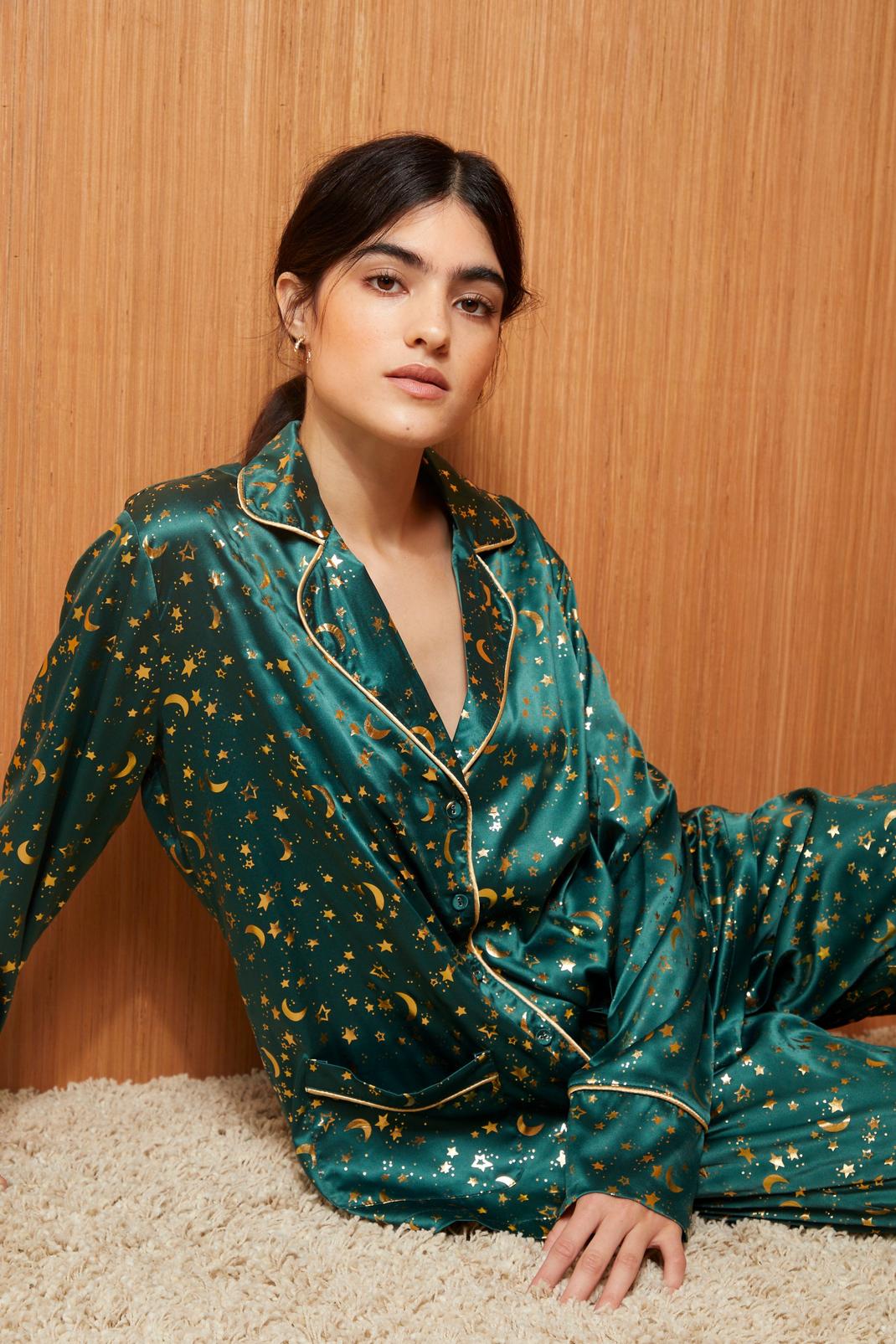 Emerald Premium Satin Star Foil Pajama Pants Set image number 1