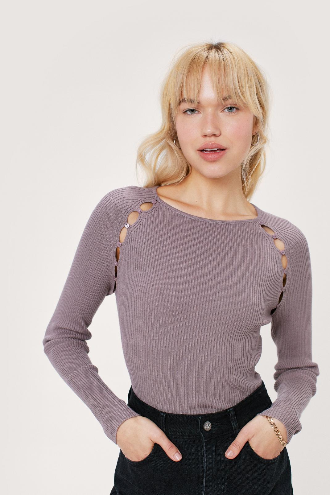 Mocha Double Button Side Ribbed Knitted Top image number 1