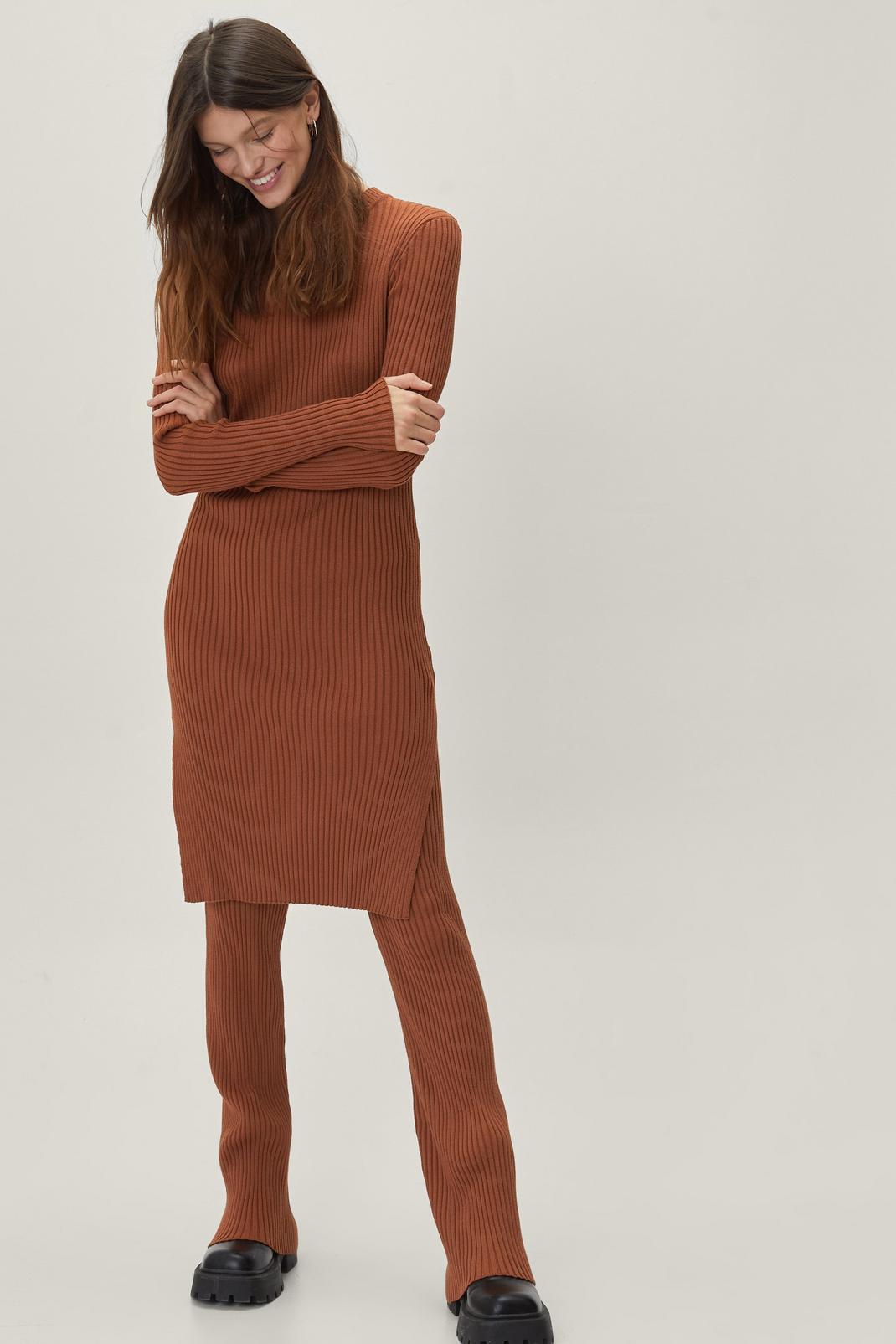Rust Knitted Rib Ruffle Long Top And Trouser Set image number 1