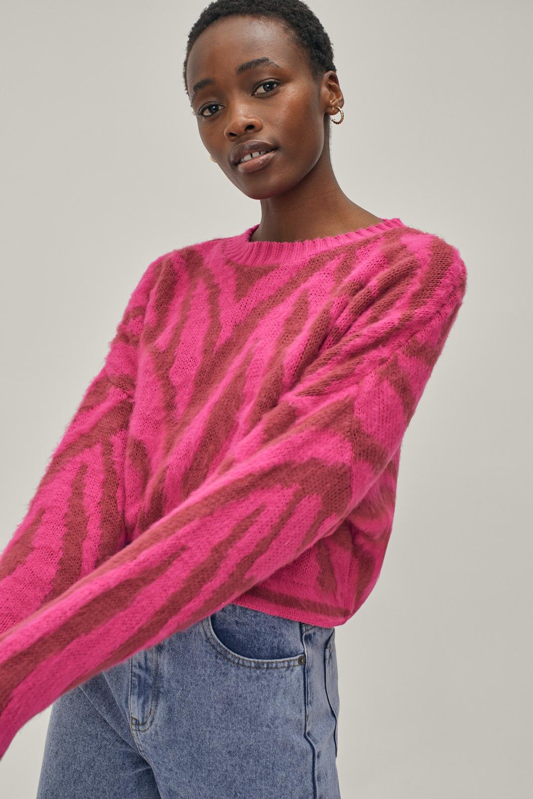 Hot pink Zebra Pattern Brushed Knitted Sweater image number 1
