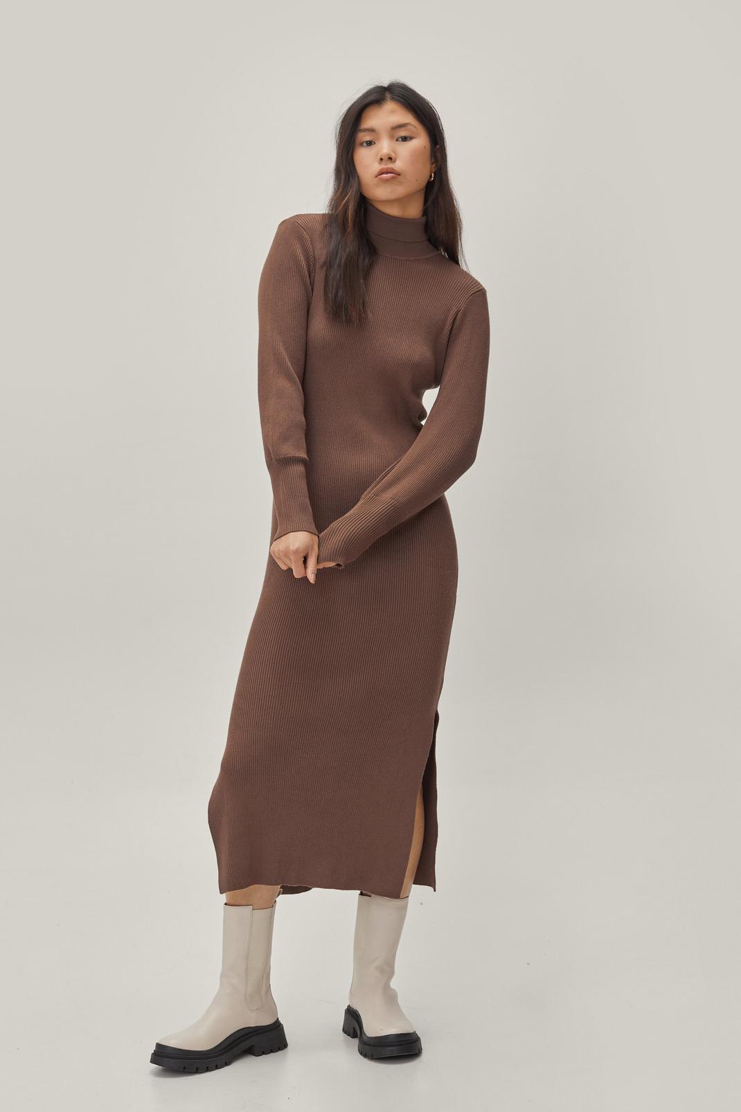 Chocolate Roll Neck Balloon Sleeve Knitted Midi Dress image number 1