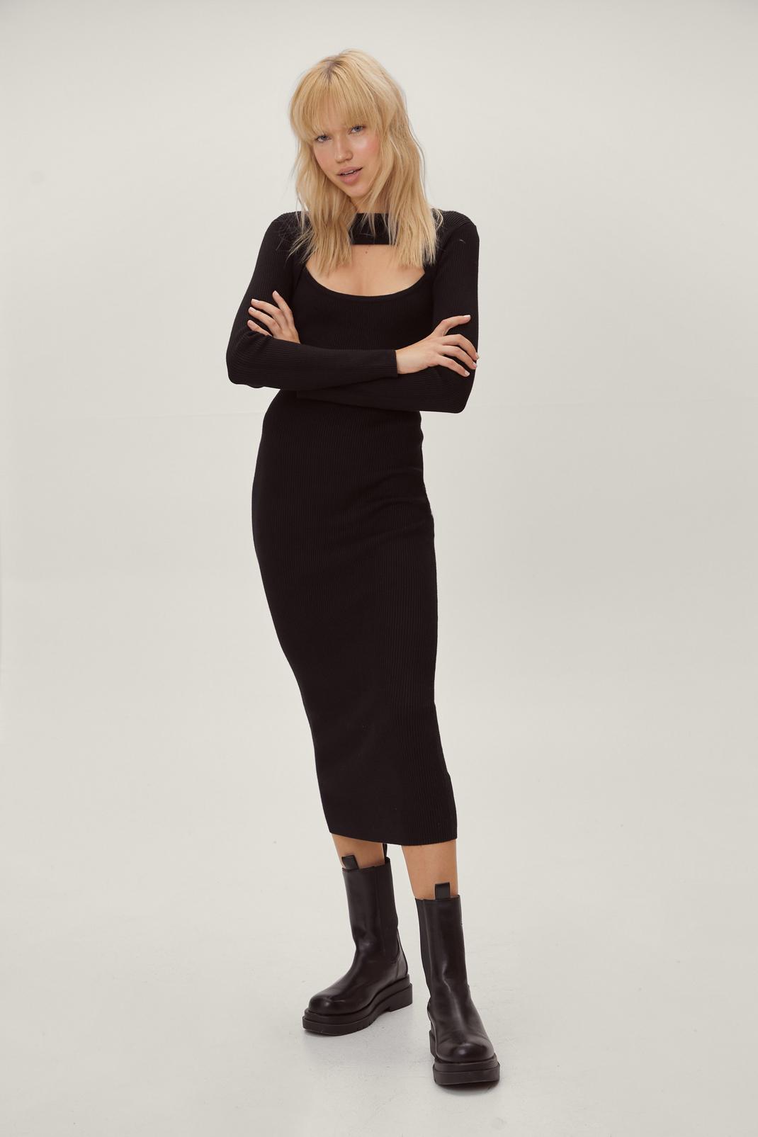 Black Cut Out 2 In 1 Knitted Top and Midi Dress image number 1