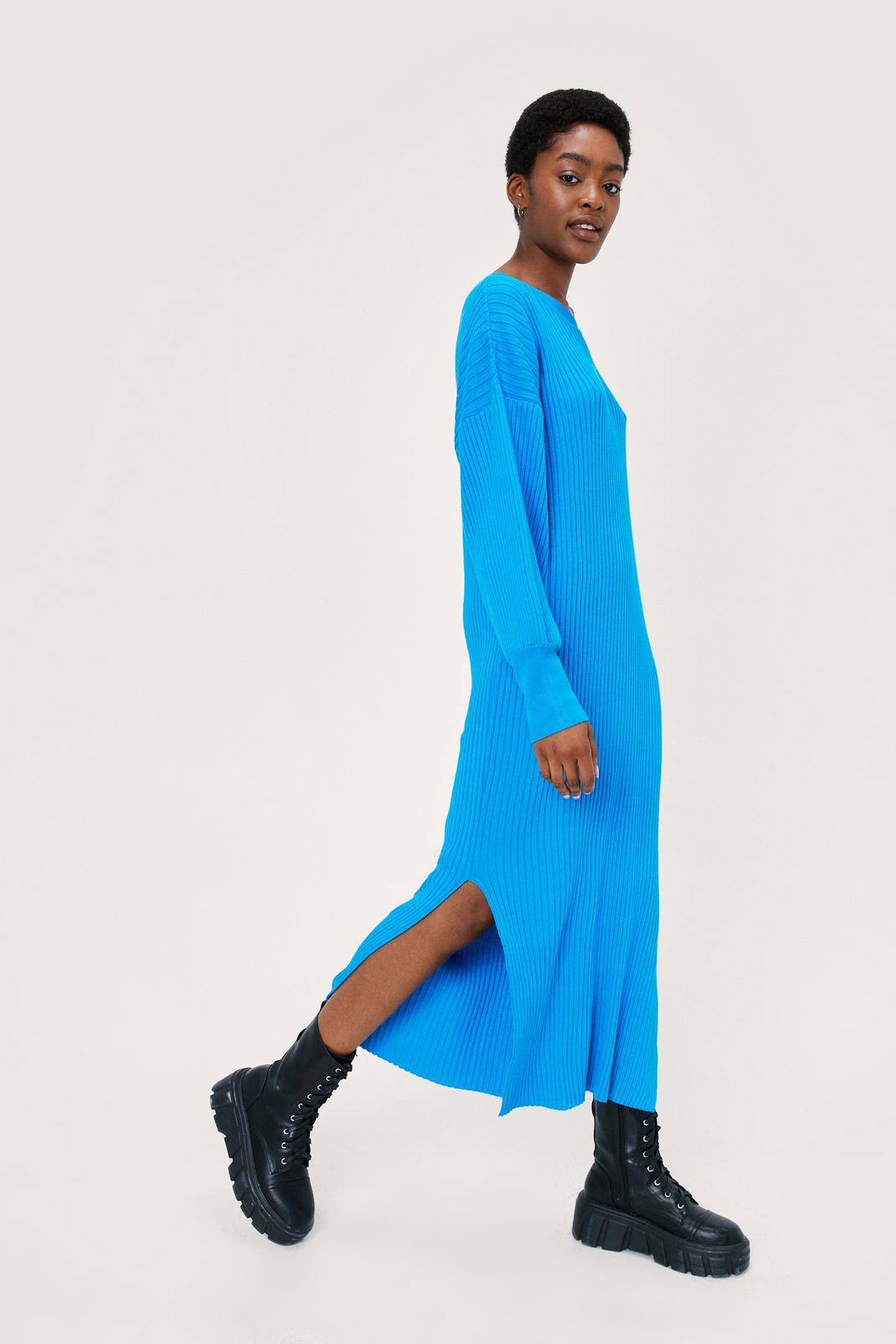 Blue Crew Neck Balloon Sleeve Knitted Midi Dress image number 1
