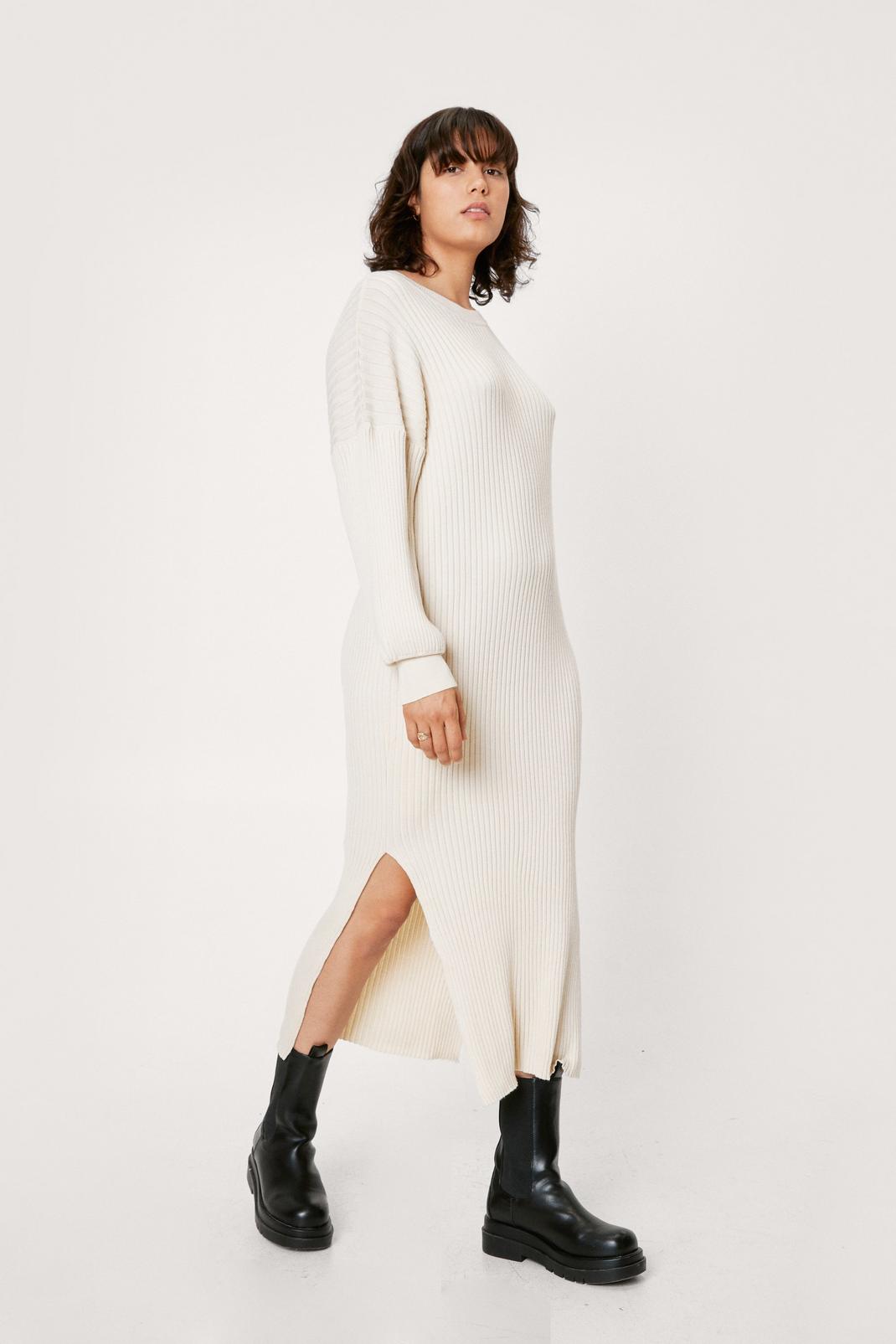 Oatmeal Crew Neck Balloon Sleeve Knitted Midi Dress image number 1