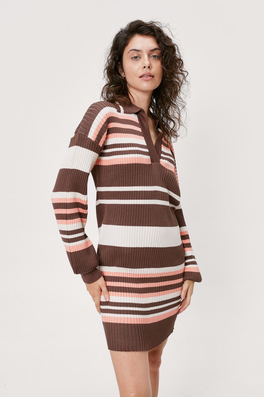 186 Striped Collar Plunge Knitted Mini Dress image number 2