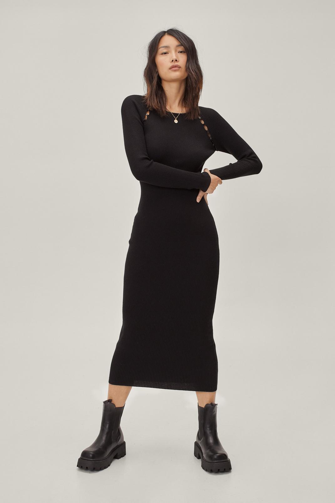 Black Button Detail Ribbed Knitted Midi Dress image number 1