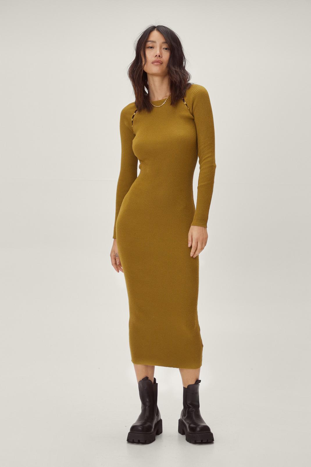 Olive Button Detail Ribbed Knitted Midi Dress image number 1