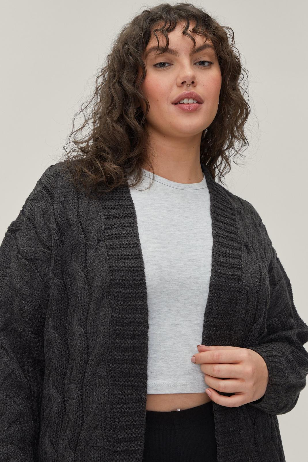 Charcoal Plus Size Chunky Cable Knit Longline Cardigan image number 1