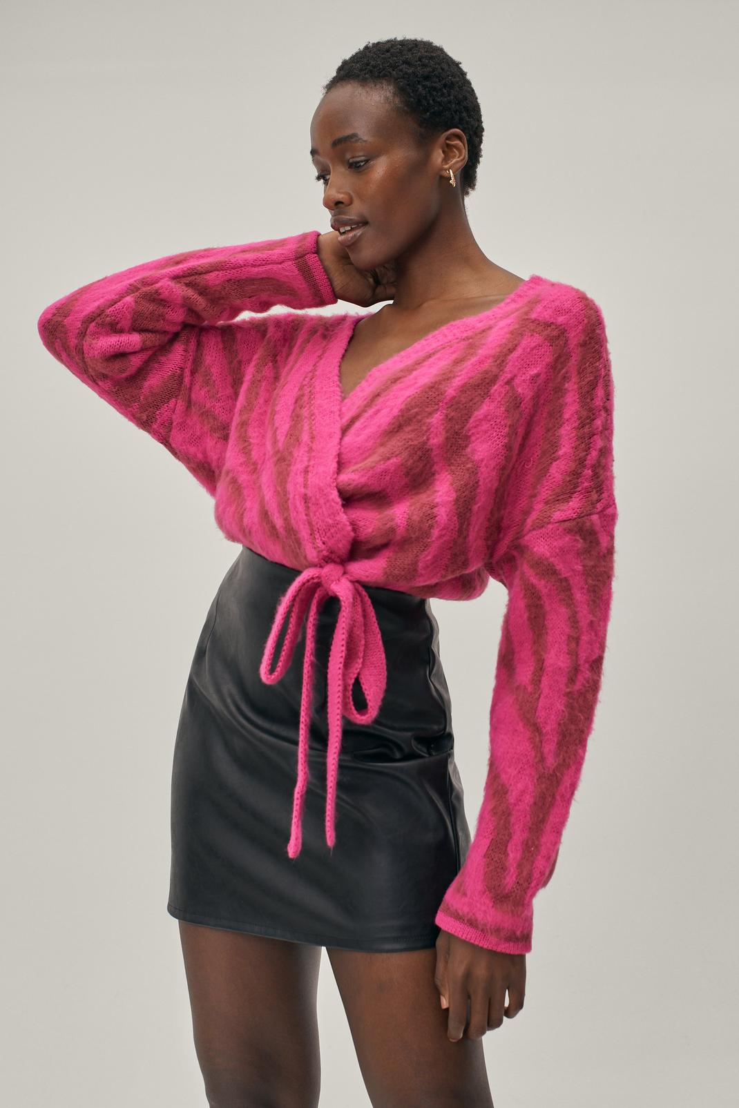 Hot pink Zebra Print Brushed Knitted Wrap Cardigan image number 1