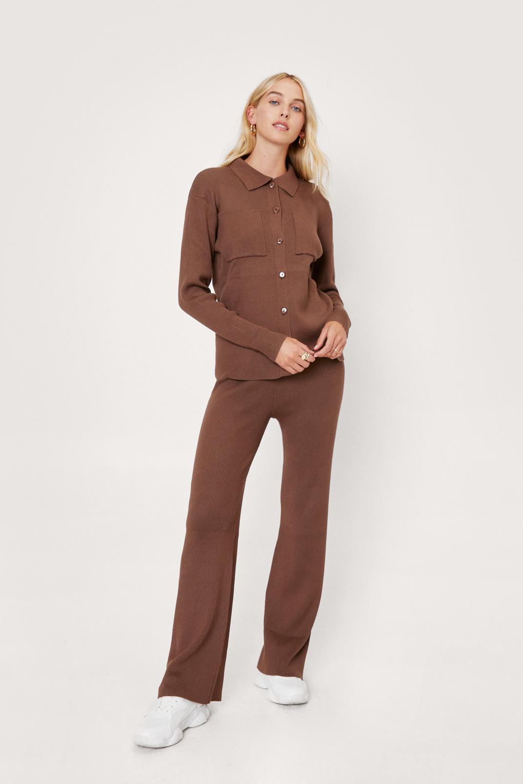Chocolate Button Down Knitted Shirt and Pants Set image number 1