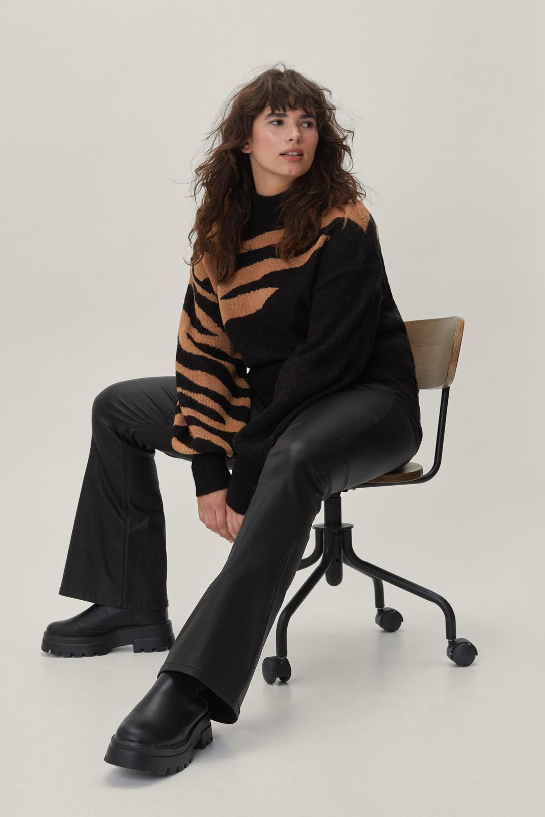 Black Plus Size Tiger Print Splice Sweater image number 1