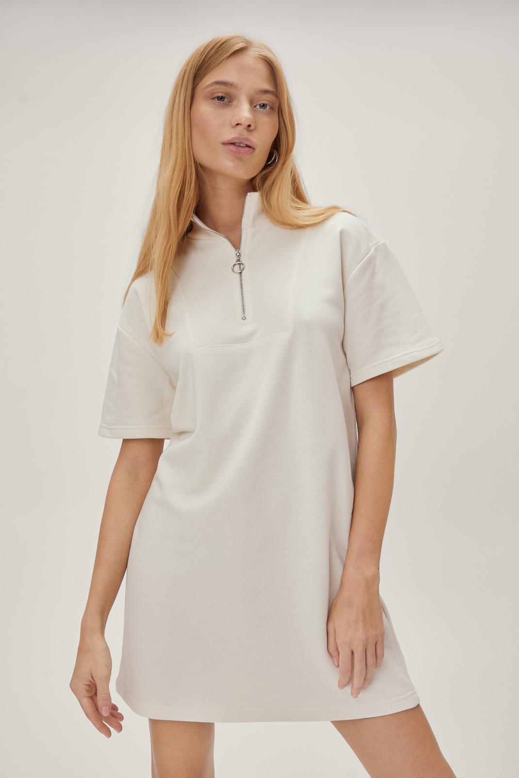 Cream Petite O-Ring Zip Short Sleeve Mini Dress image number 1