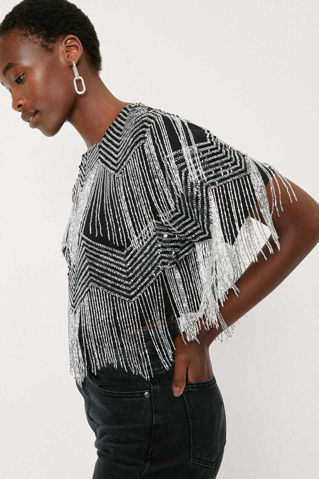 Silver Ombre Tassel Short Sleeve Cropped Blouse image number 1