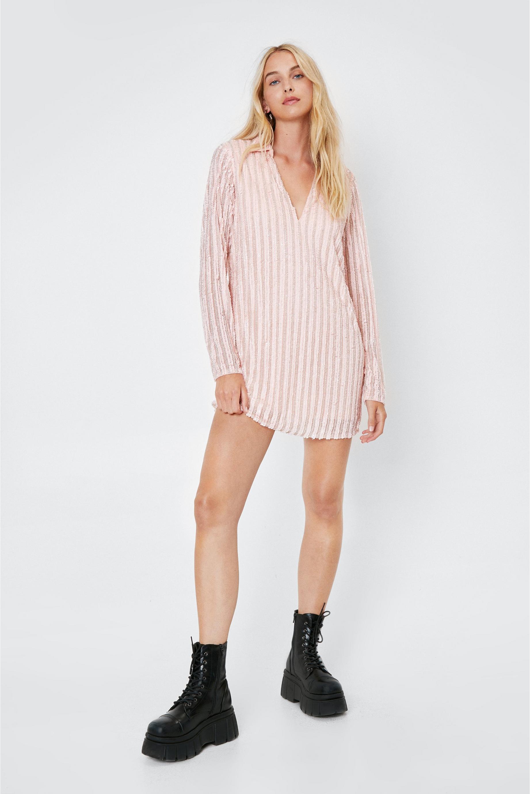 Icon Sequin V Neck Relaxed Shirt Dress