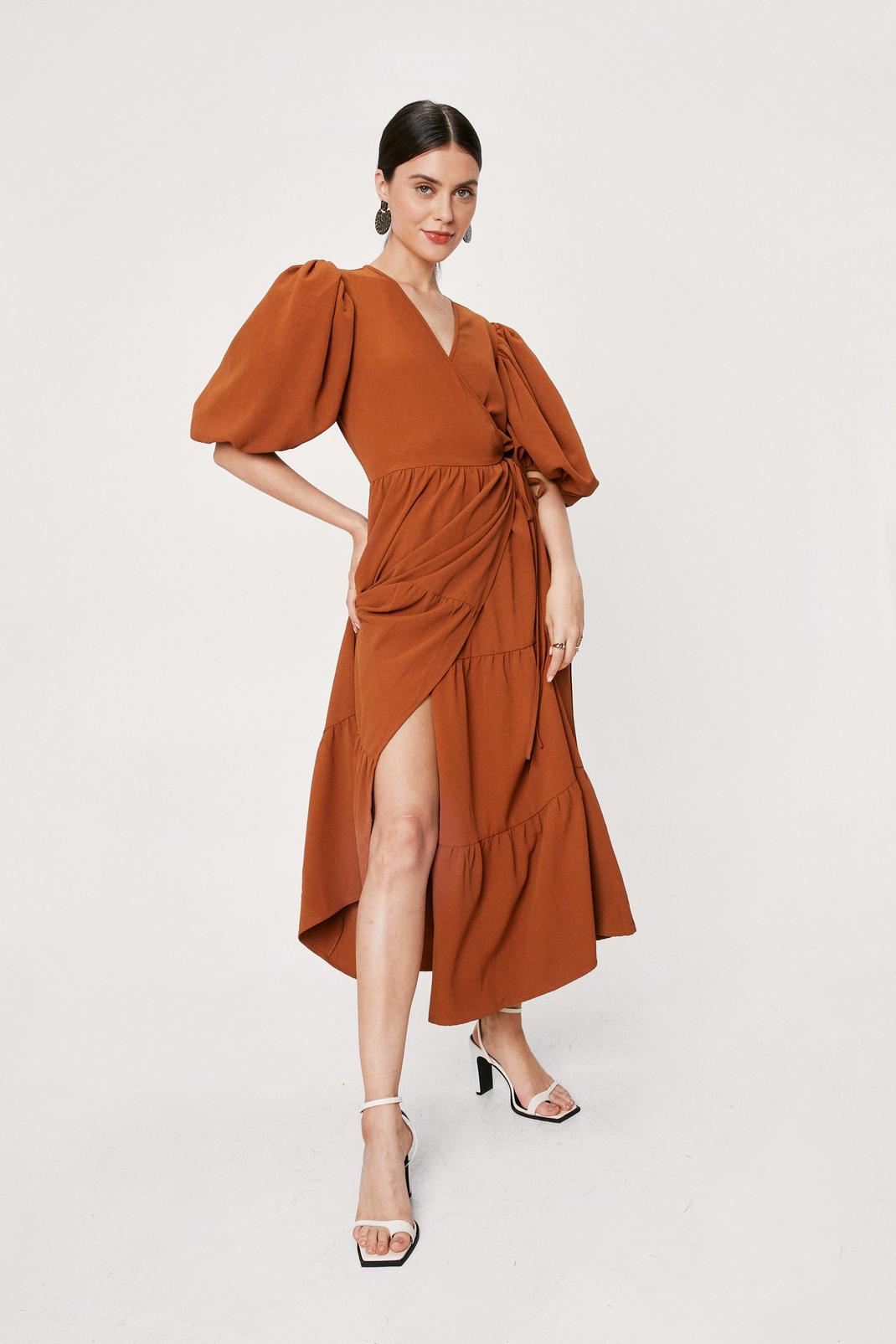 Chocolate Puff Sleeve Tiered Maxi Wrap Dress image number 1