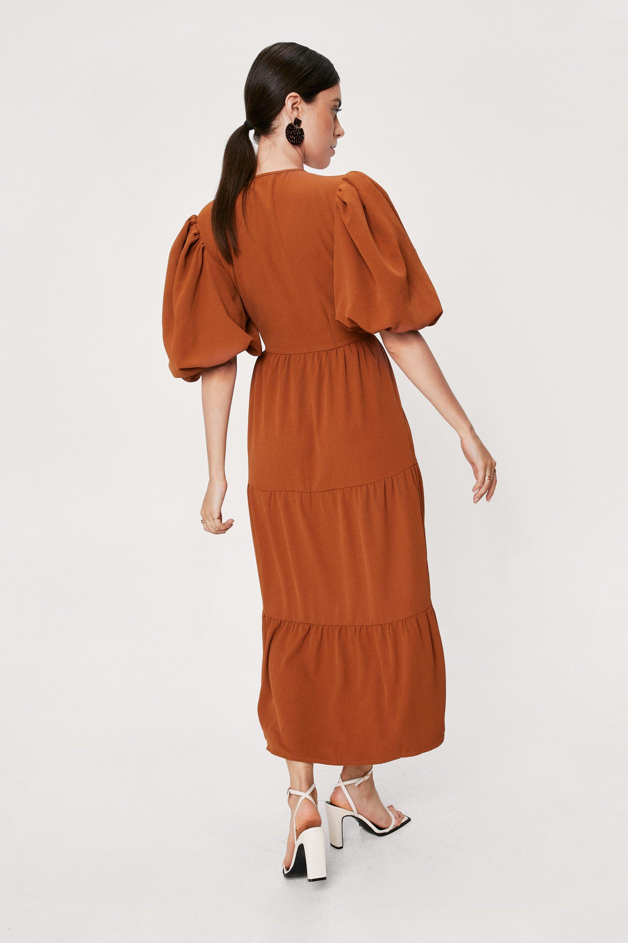 Puff Sleeve Tiered Maxi Wrap Dress