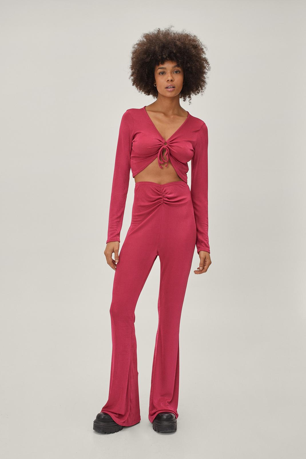 Key Hole Ruched Top and Ruched Flare Pants Set