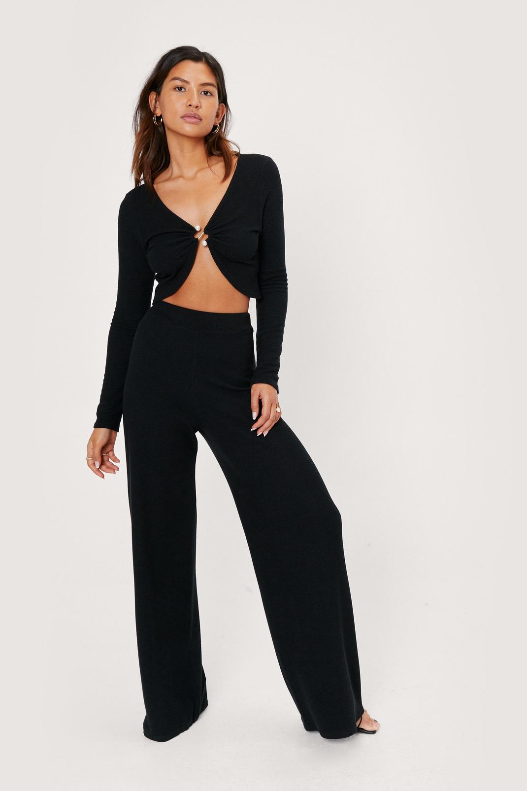 Black Ribbed Pearl Detail Top and Wide Leg Trousers Set image number 1