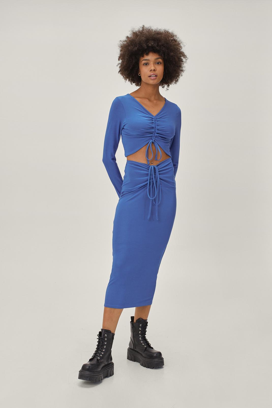 Bright blue Double Layer Ruche Long Sleeve And Midi Set image number 1