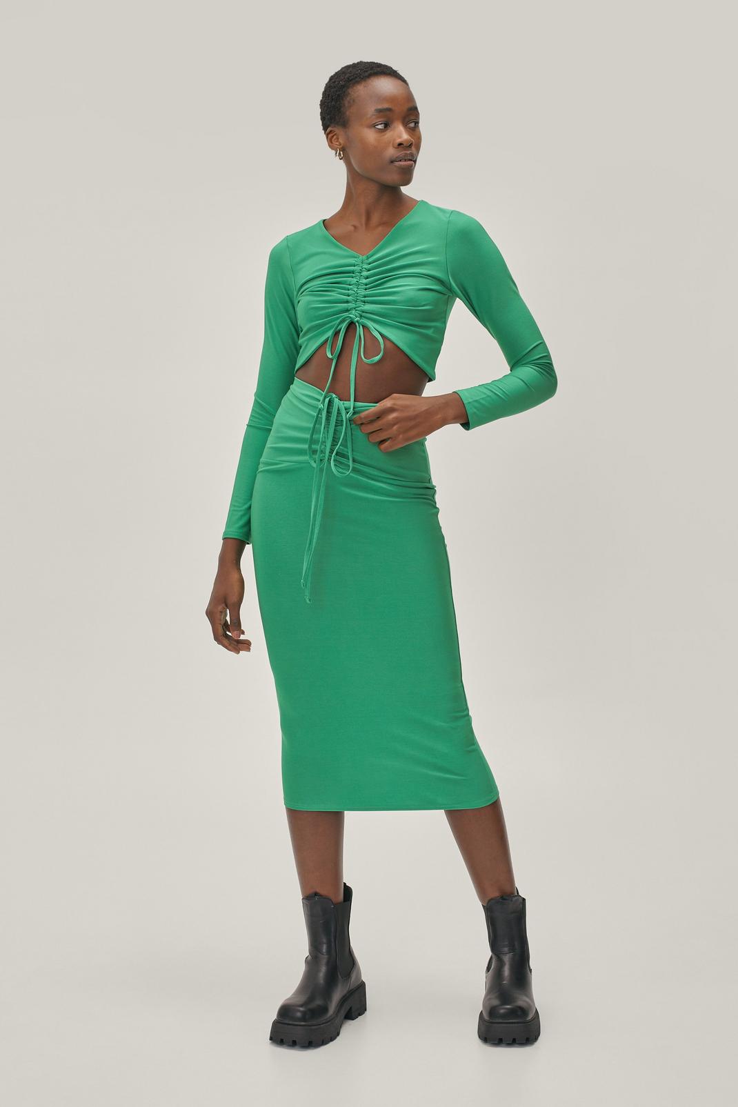 Bright green Double Layer Ruche Long Sleeve And Midi Set image number 1